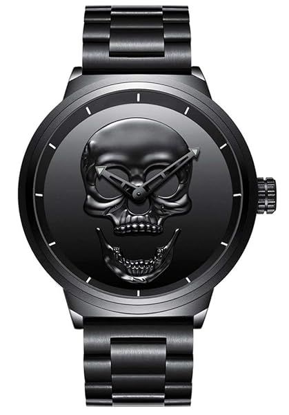 GIMTO Creative Men's 3D Skull Watch Cool Stainless Steel Big Dial Vintage Quartz Military Wristwatch Black 3D Skull Design