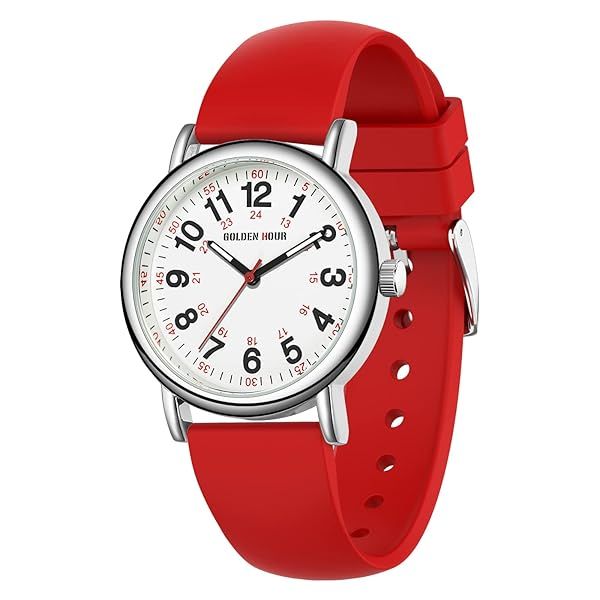 GOLDEN HOUR Waterproof Nurse Watch for Medical Professionals Unisex Analog Display Silicone Band 38mm Case Red