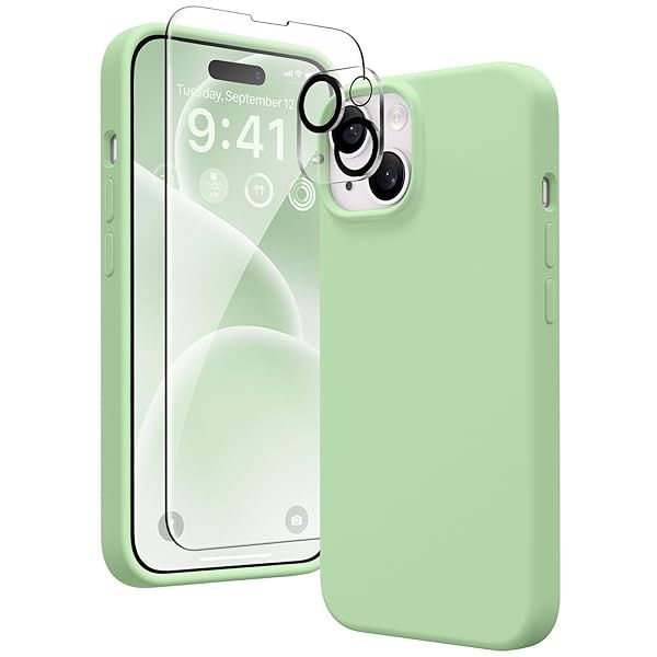 GONEZ iPhone 15 Case Liquid Silicone with Screen and Camera Lens Protectors Shockproof Soft Microfiber Lining Green 6.1 Inch