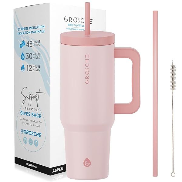 GROSCHE ASPEN 40 oz Rose Pink Tumbler with Handle and Straw Insulated Stainless Steel Classy Design Built to Last
