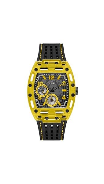 GUESS Men's 44mm Watch Black Strap Black Dial Yellow Case Stylish Timepiece for Everyday Wear