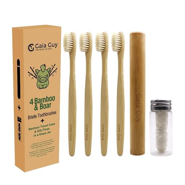 Gaia Guy Eco-Friendly Bamboo and Boar Bristle Toothbrush Set with Travel Case and Silk Dental Floss 100% Compostable 4 Pack