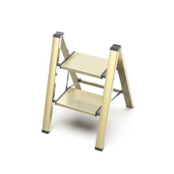 GameGem Aluminum Folding Step Ladder Lightweight Portable Anti-Slip Sturdy Wide Pedal Multi-Use Stepladder for Home Kitchen Gold 330 lbs