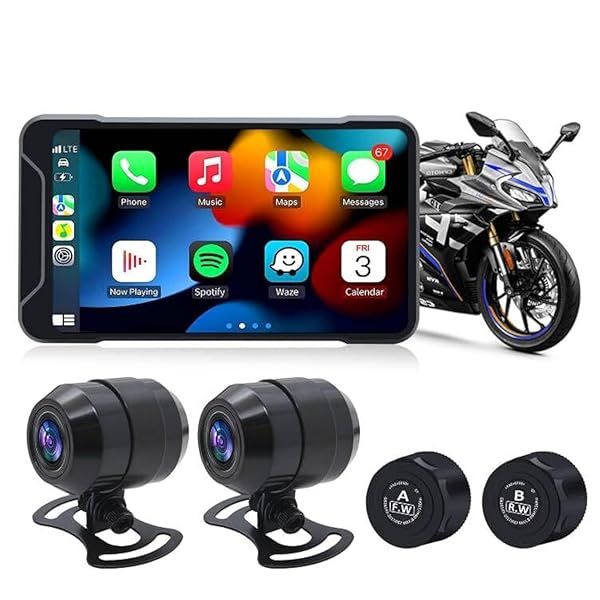 Geloo Motorcycle Dash Camera 1080P Front and Rear with Wireless Apple Carplay Android Auto GPS WiFi Touch Screen and TPMS