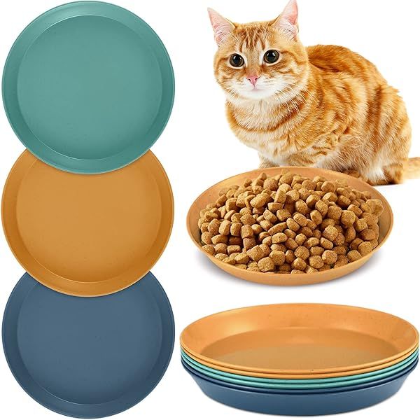 Gerrii 6 Pieces Shallow Cat Food Dish Whisker Friendly Lightweight 6 Inch Wheat Straw Bowls for Small Cats