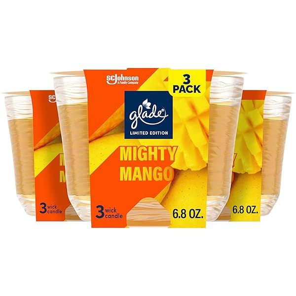 Glade 3-Wick Scented Candle Jar - Mighty Mango, Essential Oil Air Freshener, 6.8 Oz, 3 Count for Fresh Home Fragrance