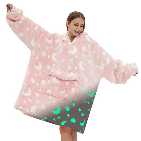 Glow in The Dark Wearable Blanket Hoodie Oversized Sherpa Fleece for Adults with Luminous Moon and Stars Design