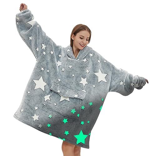 Glow in The Dark Wearable Blanket Hoodie Oversized Sherpa Fleece for Adults with Luminous Stars Ideal for Men and Women