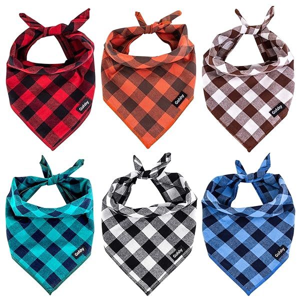 Gofshy Buffalo Plaid Dog Bandanas 6PCS Adjustable Kerchiefs for Medium Large Dogs Fall Christmas Gifts Red Blue Green Orange Black Brown