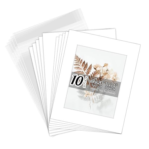 Golden State Art 10-Pack White Pre-Cut 16x20 Picture Mats for 11x14 Photos - Acid-Free, Bevel Cut, Includes Backing Boards & Bags