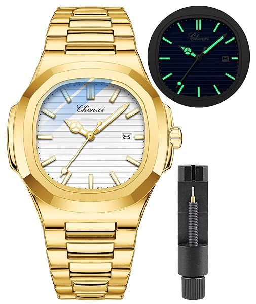 Gosasa Fashion Men's Luxury Quartz Watch Waterproof Stainless Steel Analog Date Display Gold White Business Wristwatch