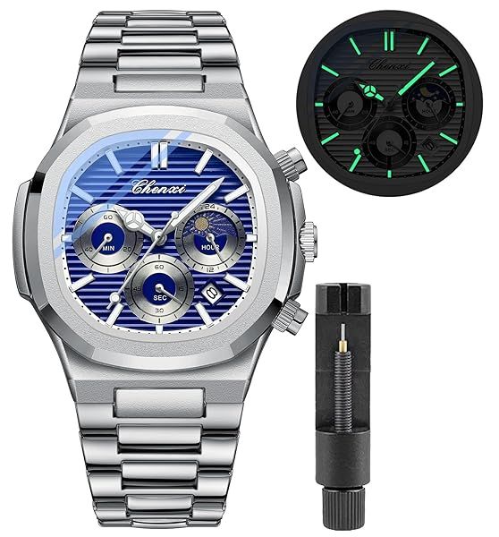 Gosasa Fashion Men's Luxury Quartz Watch Waterproof Stainless Steel Analog Date Business Wristwatch T-Silver Blue