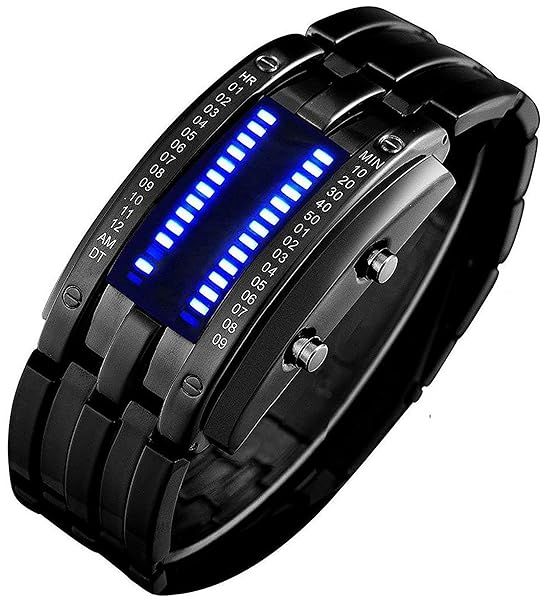 Gosasa Mens Binary Matrix Digital Watch Blue LED Classic Black Plated Bracelet Business Casual Waterproof Stainless Steel Watch