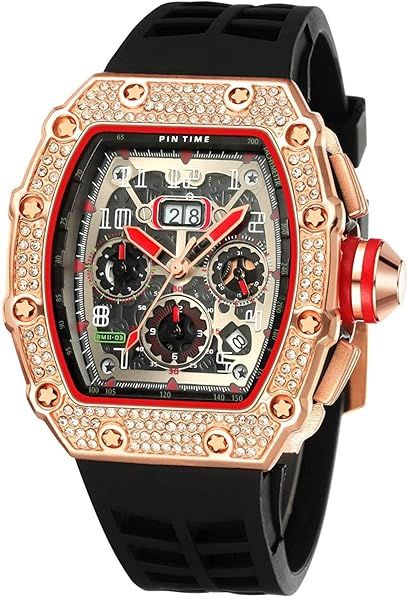 Gosasa Mens Diamond Luxury Tonneau Analog Chronograph Calendar Dress Watch with Large Rectangle Face and Silicon Strap