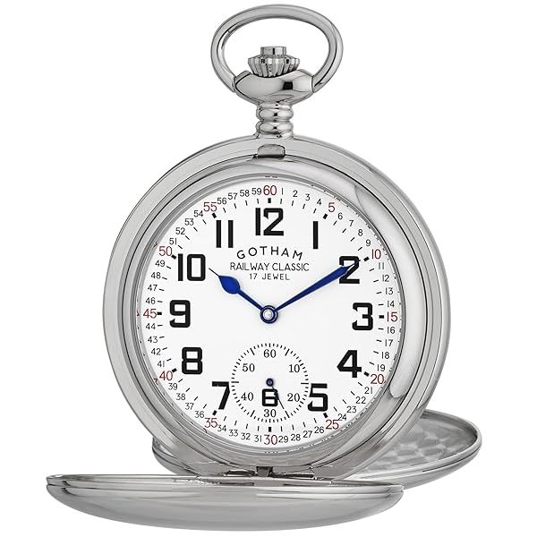 Gotham Men's Silver Tone Railroad Dial Double Hunter 17 Jewel Mechanical Pocket Watch GWC18806S