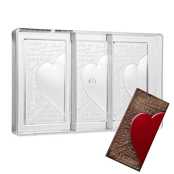 Greyas CM 3844 Louis Amado Clear Polycarbonate Chocolate Mold with Heart Messages Rectangular Tablet Cavities 70x140mm 9.45mm High