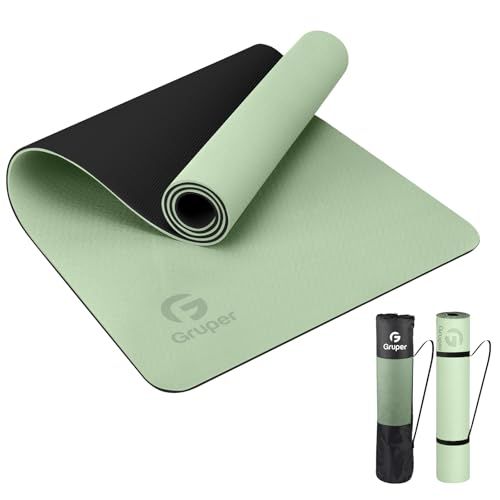 Eco-Friendly Non-Slip Gruper Yoga Mat with Strap - Perfect for Home Workouts, Pilates & Floor Exercises in Matcha Green/Black