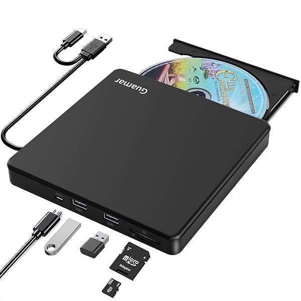 Guamar External CD/DVD Drive: Portable USB C CD Burner & Disk Reader for Laptop, PC, Mac, Windows, Linux with SD & 2 USB Ports