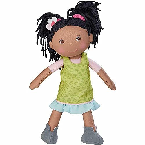 HABA Cari 12 Inch Black Baby Doll with Pigtails Embroidered Face Removable Dress Machine Washable for Ages 18 Months and Up