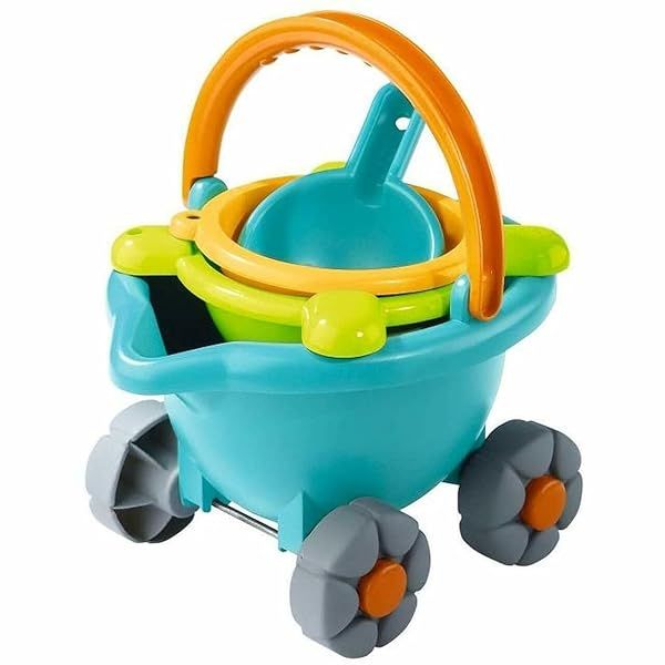 HABA Sand Bucket Scooter 4 Piece Nesting Beach Toy Set for Toddlers Summer Fun with Sand Bucket Sieve Shovel and Pail on Wheels