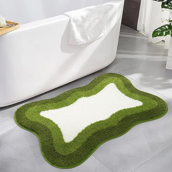 HAOCOO Bath Mats for Bathroom Non Slip, 18x25 inch Green Gradient Irregular Shape Cute Bath Mat, Microfiber Washable Absorbent Carpet Floor Mats for