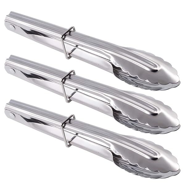 Set of 3 HINMAY 7-Inch Stainless Steel Serving Tongs - Perfect Salad Tongs for Kitchen Use