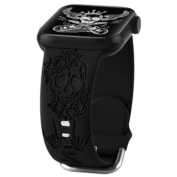 Halloween Floral Engraved Silicone Band Compatible With Apple Watch 38mm 40mm 41mm for Women Men,Skull Pattern Laser Printed Soft Silicone Sport Wristbands Replacement Strap with Classic Clasp for