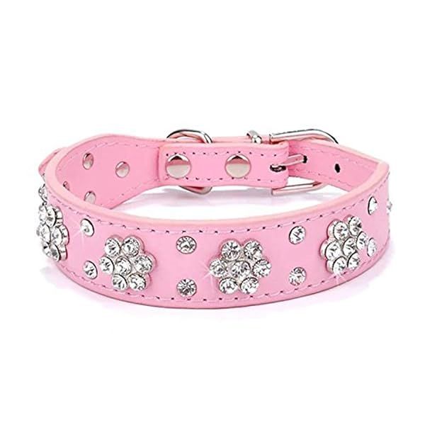 Haoyueer Rhinestone Dog Collar Cute Flower Bling Adjustable PU Leather for Small Medium Large Dogs in Pink