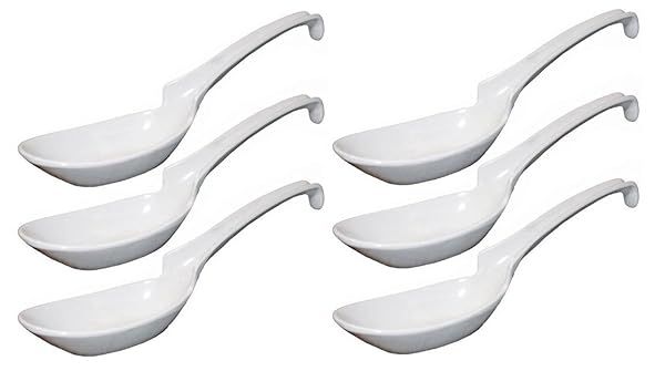 Happy Sales Melamine Soba Rice Spoons Chinese Won Ton Soup Spoon Asian White 6 Pack Notch Hook Style Kitchen Utensils