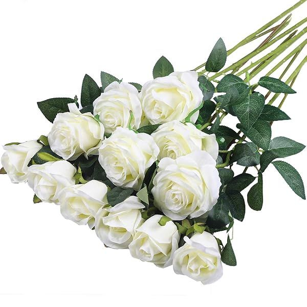 12PCS Realistic White Silk Roses Bouquet - Perfect for Home, Wedding & Party Decor