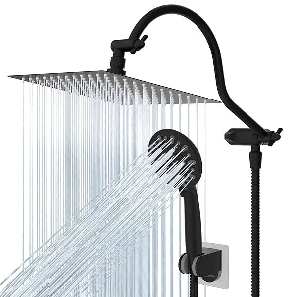 Upgrade Your Shower: Hibbent 10-Inch Rainfall Shower Head & Handheld Combo with 12-Inch Extension Arm - Matte Black