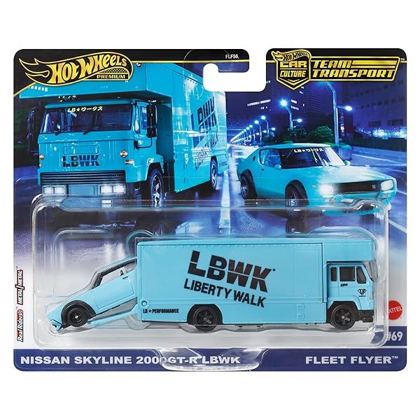 Hot Wheels Premium Team Transport Set: LBWK Liberty Walk Nissan Skyline 2000GT-R & Fleet Flyer #69 Truck - 1:64 Scale Blue Model