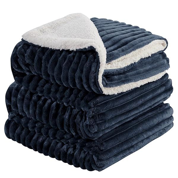 INFIIXSO Sherpa Fleece Queen Size Blanket Super Soft Warm Striped Cozy Plush Fluffy All Season Navy Blue 90x90 Inches