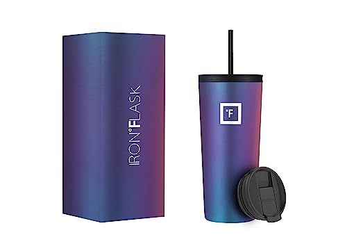 IRON FLASK Classic Tumbler 2.0 with 2 Lids Vacuum Insulated Stainless Steel Water Bottle Double Walled Thermos Travel Mug Aura 24 Oz