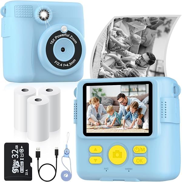 Instant Print Camera for Kids with 3 Rolls of Paper 1080P Digital Camera Toys for Ages 3-12 with 32GB SD Card Perfect Christmas Birthday Gift Blue