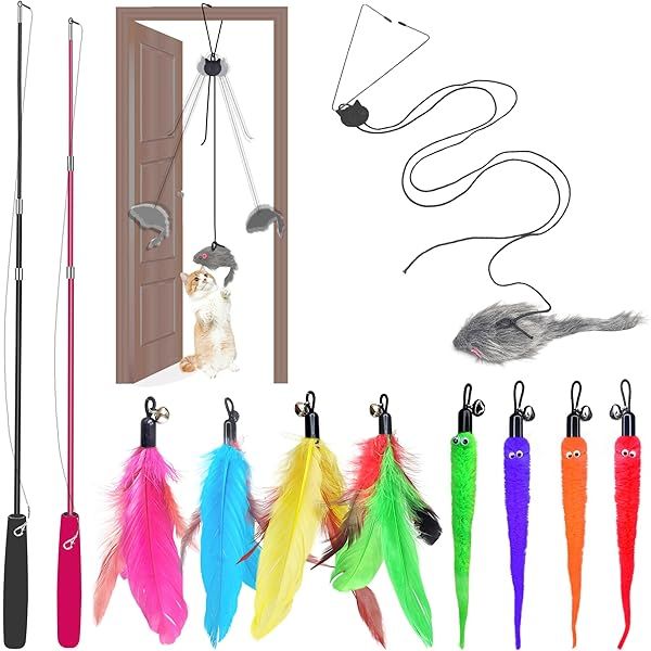 Interactive Cat Toys Set with Feather Wand and Telescopic Fishing Pole for Kittens and Cats