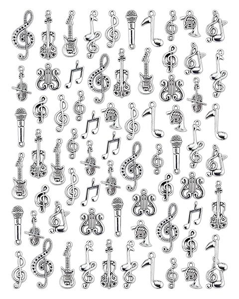 JIALEEY 70PCS Music Charms Multistyle Musical Instrument Notes Pendants for DIY Jewelry Making Necklace Bracelet Earrings Crafting Antique Silver