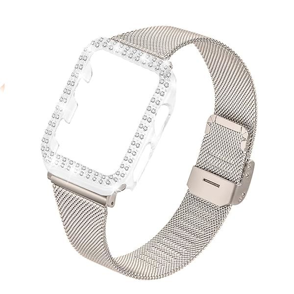 JOYOZY Stainless Steel Mesh bands Compatible For Apple Watch 41mm, Women Bling Protective Crystal Diamond Case with Loop Mesh Strap For Apple Watch
