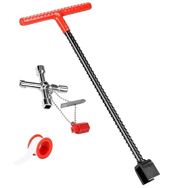 JOYTUTUS 12 Inch Multifunctional Water Meter Tool with 4-Way Key and Teflon Tape, T-Handle Valve Key