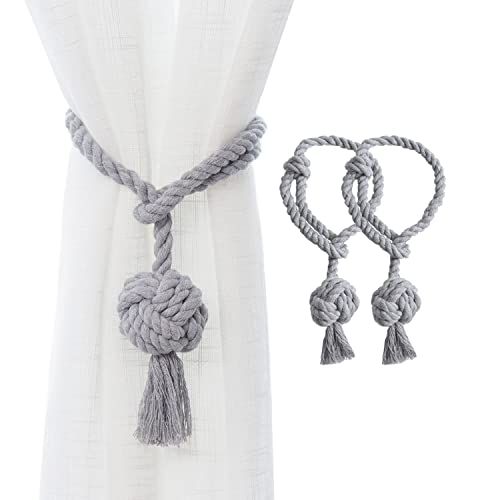 JQWUPUP Rustic Curtain Tiebacks - 2 Pack Hand Knitted Cotton Holdbacks for Sheer & Blackout Curtains in Grey
