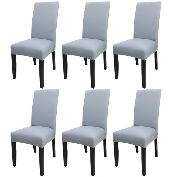 JQinHome 6 Pcs High Stretch Dining Chair Slipcovers - Washable Light Grey Seat Protectors for Home, Parties & Weddings