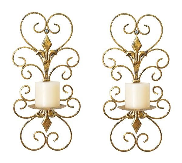 JUCONSIN Set of 2 Antique Gold Wall Sconces - Elegant Metal Candle Holders for Home Decor in Bedroom & Dining Room