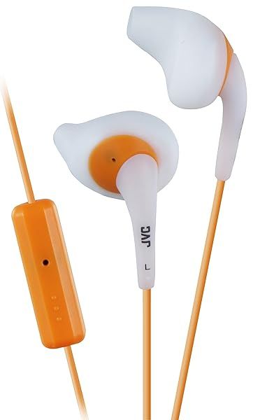 JVC HA-ENR15W White & Orange Sweat-Proof Gumy Sport Earbuds - Secure Comfort Fit with Long Colored Cord