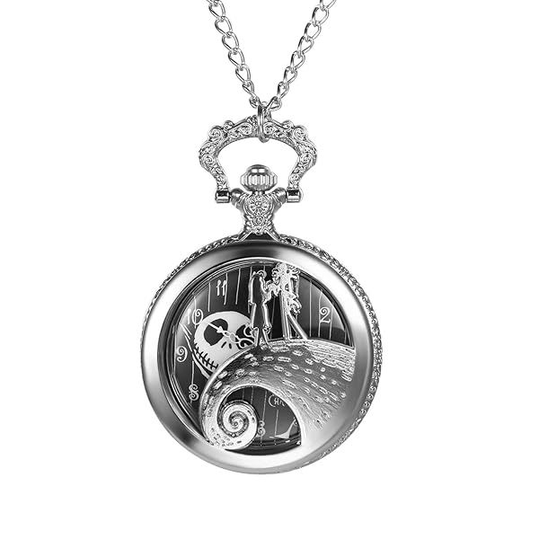 JewelryWe Nightmare Before Christmas Pocket Watch Antique Quartz Pendant Chain Necklace for Men and Women