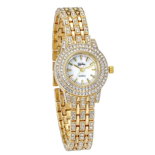 JewelryWe Women Gold Tone Alloy Rhinestone Quartz Watch Stylish Bling Dress Wristwatch