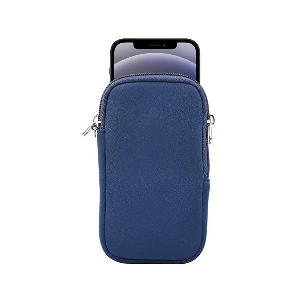 Jlyifan Neoprene Small Cell Phone Sleeve Zip Wallet Pouch with Neck Strap for iPhone 16 15 Pro 14 13 Pro 12 Pro SE 3G X XS Blue