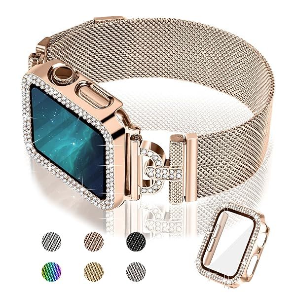 Joyozy Magnetic Band Compatible with Apple Watch Band 38mm 40mm 41mm 42mm 44mm 45mm Milanese Strap with Bling Case and Screen Protector, Dressy