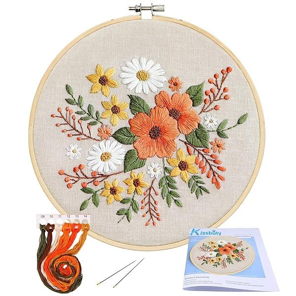 KISSBUTY Embroidery Kit for Kids: Floral Pattern, Bamboo Hoop & Colorful Threads - Perfect Craft Activity!