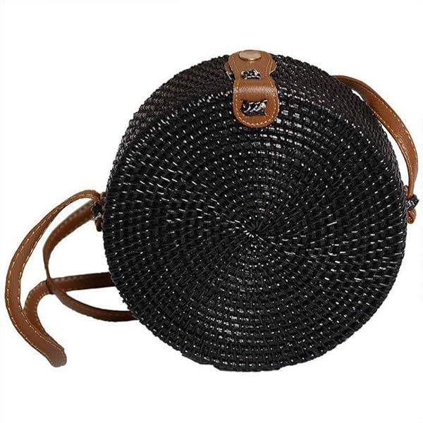 Handmade Kbinter Round Rattan Bag for Women - Chic Boho Shoulder Purse with Leather Straps, Black, Large