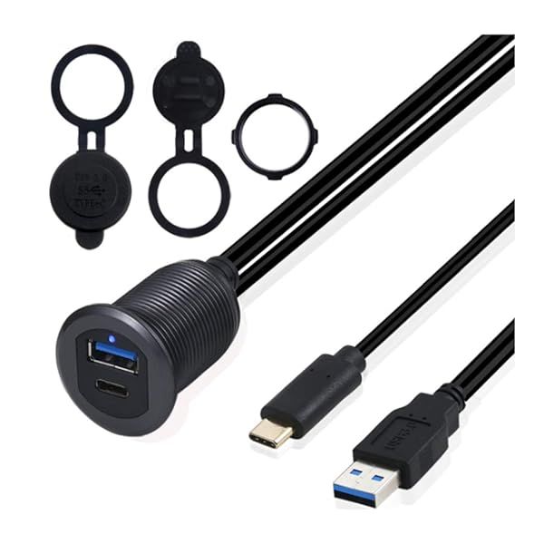 Kework USB 3.0 & Type C Flush Panel Mount with Light - 3.3ft Extension Cable for Car, Truck, Boat, Motorcycle (Gray)